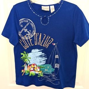 Alfred Dunner Cote D’Azure Short Sleeve Top Vacation Sailing Royal Blue Petite L
